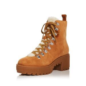 AQUA Womens Brown 1" Platform Grady Toe Block Heel Leather Combat Boots 9 M